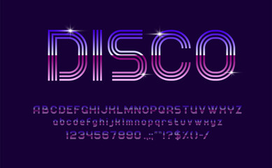 Disco DJ music font, type, typeface modern alphabet, signs and numbers. Vintage vector letters with digits and symbols with purple gradient and three stripes with sparks. Neon glowing fluorescent abc