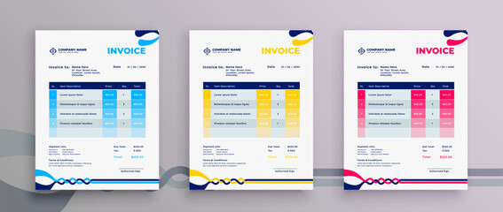 Modern professional business invoice template design. Blue, Yellow, and Pink color theme. Vector A4 size.