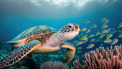 Obraz premium Underwater wild turtle swimming in the ocean against the background of a flock of fish