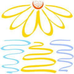 creative sun like a daisy over water, yellow light path, abstract colorful pattern on white background