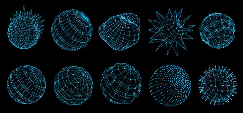 3d futuristic sphere and balls shapes. Cyber space ball geometric model, planet mesh globe vector holograms. Network technology, blockchain or virtual reality technology polygon wireframes with spikes