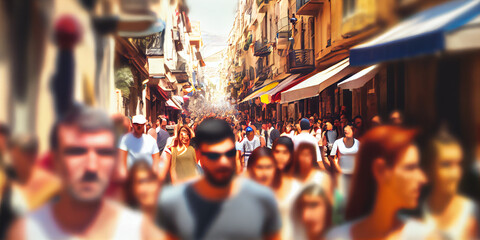 Obraz premium Tourist street. Crowd of unrecognizable people, abstract illustration.