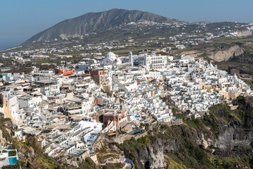 Stunning cityscape of densely populated Fira, the main town of Santorini island in Greece