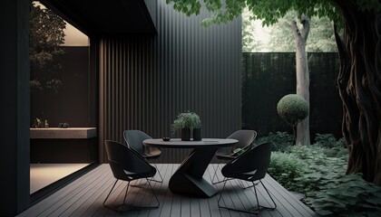 Fototapeta premium Modern black wooden terrace the perfect place for breakfast