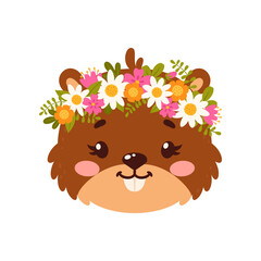 Beaver cute cartoon animal with flower wreath on head. Vector cute castor rodent portrait with floral decoration, comic wildlife animal with bouquet crown