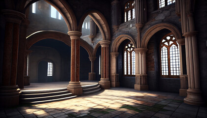 Fototapeta premium Interior of an old medieval castle with large windows and stone floor.