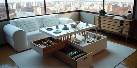 Interior of a living room or office with multifunctional transforming furniture. Table with drawers for storage.