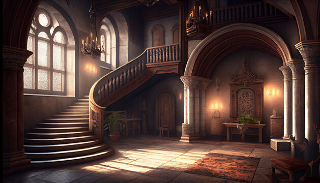 Interior of an old medieval castle with large windows and stone floor.