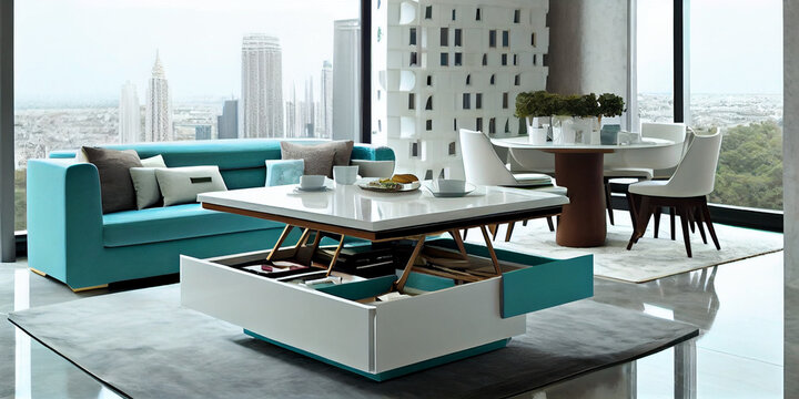 Interior of a living room or office with multifunctional transforming furniture. Table with drawers for storage.