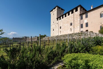 Fototapeta na wymiar Medieval castle Rocca di Angera on the shores of Lake Maggiore and its beautiful garden, Lombardy