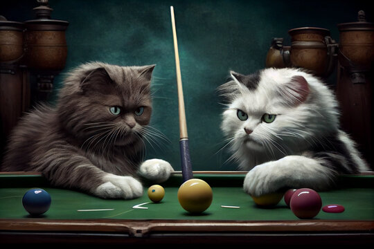 Two cats play billiards, abstract illustration.