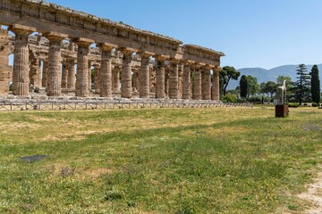 First Temple of Hera at Paestum with massive colonnades, Campania, Italy, side view