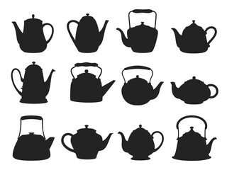 Ceramic teapot and kettle silhouettes. Vector kitchen crockery, black coffee or tea pots for hot drinks or beverages. Isolated set of retro tableware, handmade pottery or vintage household utensils