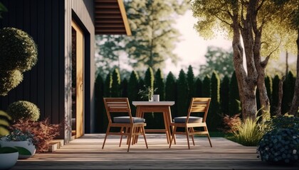 Obraz premium Modern wooden terrace the perfect place for breakfast