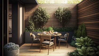 Obraz na płótnie Canvas Modern wooden terrace the perfect place for breakfast