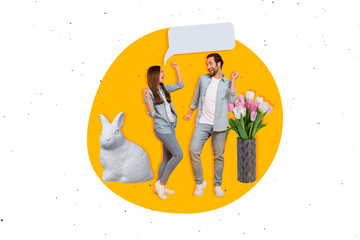 Artwork collage picture of two excited partners raise fists empty space dialogue bubble bunny...