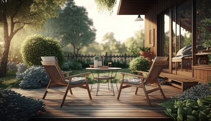 Obraz premium Modern wooden terrace the perfect place for breakfast
