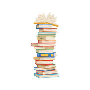 Cartoon high pile of books, stack of textbooks. Vector bookstore literature, paper source of information. Educational tutorials, encyclopedia literature