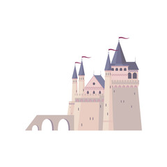 Fairy tale princess castle, royal home with flags. Palace or fortress with flags cartoon building with brick towers. Vector ancient architecture citadel