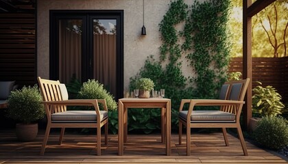 Obraz premium Modern wooden terrace the perfect place for breakfast