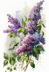 Bouquet of lilacs on a white background, painting, watercolor card. Spring greeting card. Generative AI 