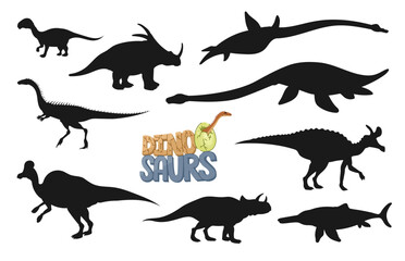 Dinosaur character silhouettes of prehistoric dino animals. Vector elaphrosaurus, ichthyosaurus, plesiosaurus and avaceratops, mussaurus, styracosaurus, lambeosaurus and corythosaurus dinosaurs set