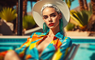 Portrait of a trendy young woman with bright summer clothes. Generative ai