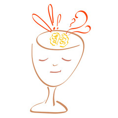 head of a meditating calm person with a visible brain like a wine glass, colorful sketch