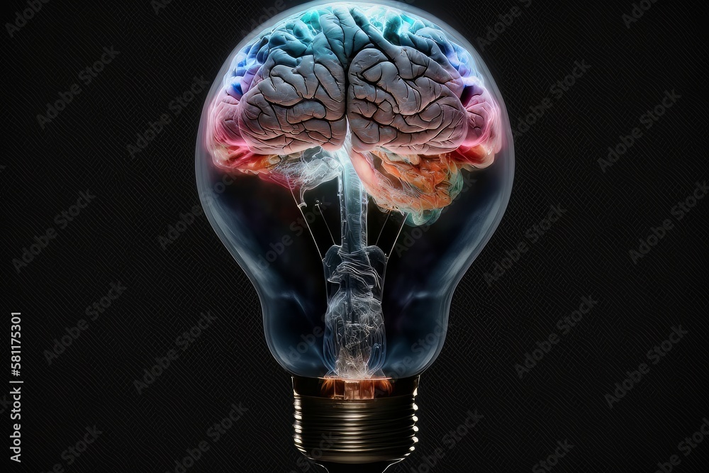 Poster highly detailed brain in light bulb with cinematic background. generative ai