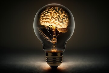 Highly detailed brain in light bulb with cinematic background. Generative ai