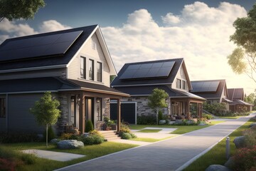 Newly construced home with solar panels on roof. Generative ai