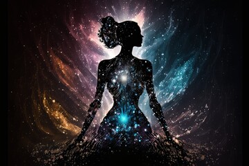 Obraz premium Body silhouette with space and galaxy background, milky way, spiritual life and belief. Generative ai