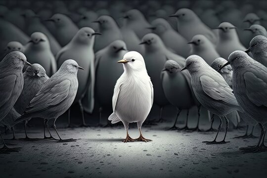 Standing out from the crowd , white bird standing between gray birds. Generative AI