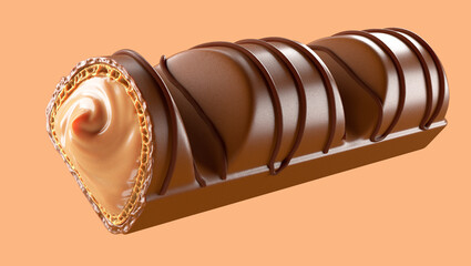 Milk chocolate bars covered wafer with soft hazelnut filling. Isolated on background. 3d illustration. Design element.