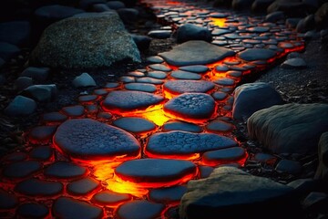 Stepping stones of fire, flames, lava. Generative AI