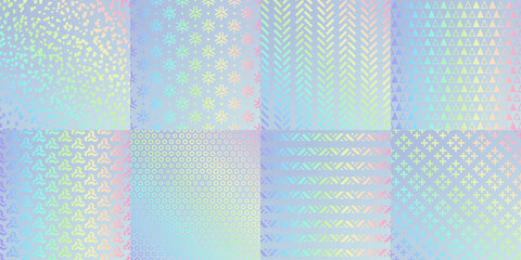 Hologram texture patterns, glitter foil with rainbow. Vector gradient iridescent backgrounds set. Shining trendy multicolor luminous decorative seamless ornamental backdrop, wrapping paper, wallpaper