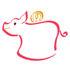 Obraz premium coin with an exclamation mark dipped into a cheerful pink pig piggy bank, colorful outline on a white background