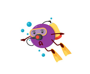 Cartoon vitamin E diver character. Micronutrient tablet, food supplement pill or vitamin capsule funny vector personage. Healthy nutrition mineral dragee cheerful mascot diving in mask and flippers © Buch&Bee