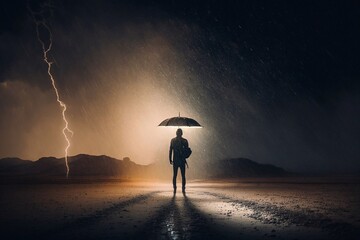 Man with an umbrella stood in the middle of a lightning storm. Generative AI