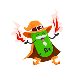 Cartoon vitamin B5 mage character. Vector pantothenic acid capsule wizard, food supplement personage with magic fires. Isolated moustached nutrient sorcerer in witch hat and cloak casts incantation