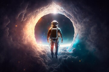 Fototapeta na wymiar Astronaut dressed in space mission suit outside of earth. Person in an astronaut suit travels through outer space. Generative AI