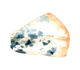 Blue cheese, Gorgonzola, slice, isolated closeup, watercolor illustration on white
