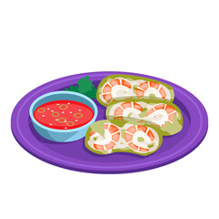 Spring rolls. Shrimp, vegetables in rice paper.  Asian food. Vector graphic.