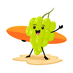Cartoon grape berry character with surf board on beach. Fresh grapes personage at seaside getaway. Isolated vector fruit enjoying outdoor activities at beach lounging on sea coast during holidays
