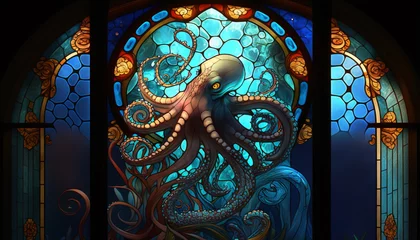 Stickers pour porte Coloré Octopus Stained Glass Window - A Creative and Colorful Work of Art