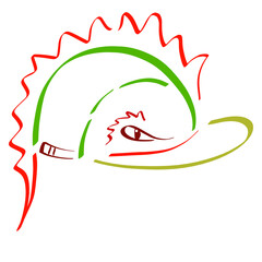 creative cap in the form of a dragon or dinosaur head, colorful sketch on a white background