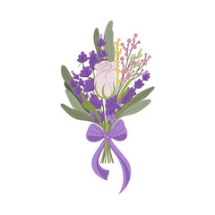 Lavender and rose flowers bouquet bunch with lilac ribbon decoration. Vector glamour summer bouquet with fresh flowers, natural herbal plants