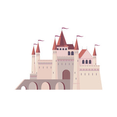 Rich medieval palace, fortress with towers and stone gates, waving banners flags on top of red roof. Vector cartoon historic building, castle city citadel