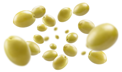 Flying green olives cut out