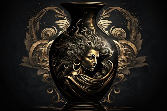 Ananke Greek Mythology God Black Gold Vase by Generative AI